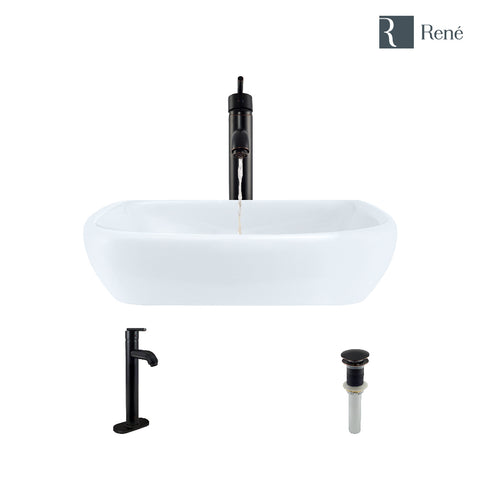 Rene 17" Round Porcelain Bathroom Sink, White, with Faucet, R2-5011-W-R9-7001-ABR