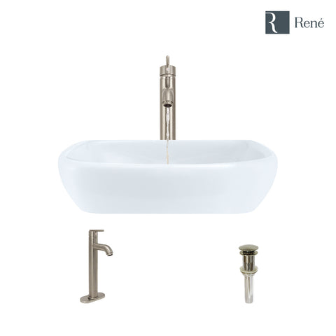 Rene 17" Round Porcelain Bathroom Sink, White, with Faucet, R2-5011-W-R9-7001-BN