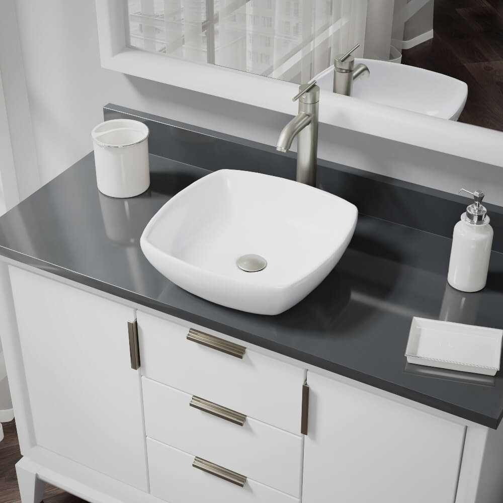 Rene 17" Round Porcelain Bathroom Sink, White, with Faucet, R2-5011-W-R9-7001-BN - The Sink Boutique