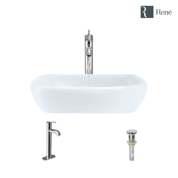 Rene 17" Round Porcelain Bathroom Sink, White, with Faucet, R2-5011-W-R9-7001-C