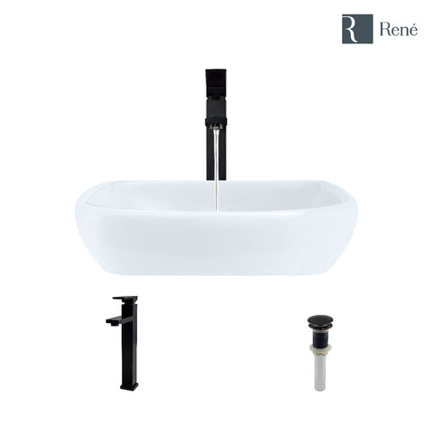 Rene 17" Round Porcelain Bathroom Sink, White, with Faucet, R2-5011-W-R9-7003-ABR