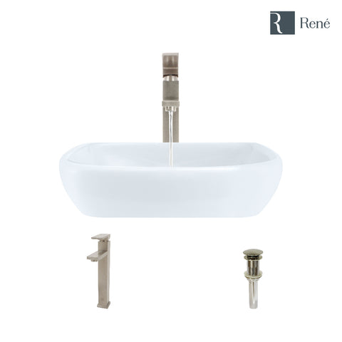 Rene 17" Round Porcelain Bathroom Sink, White, with Faucet, R2-5011-W-R9-7003-BN