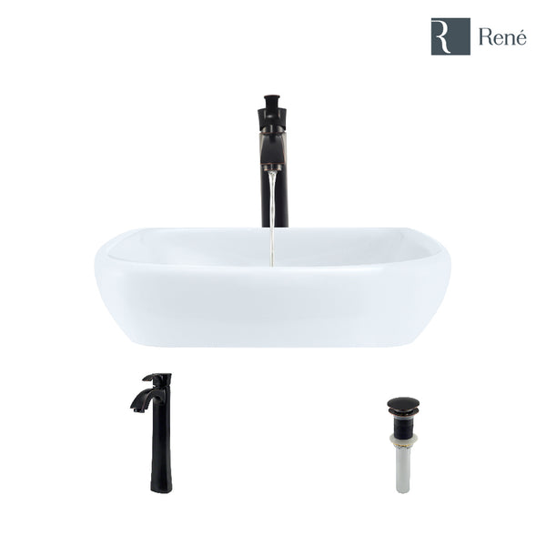 Rene 17" Round Porcelain Bathroom Sink, White, with Faucet, R2-5011-W-R9-7006-ABR