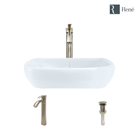 Rene 17" Round Porcelain Bathroom Sink, White, with Faucet, R2-5011-W-R9-7006-BN