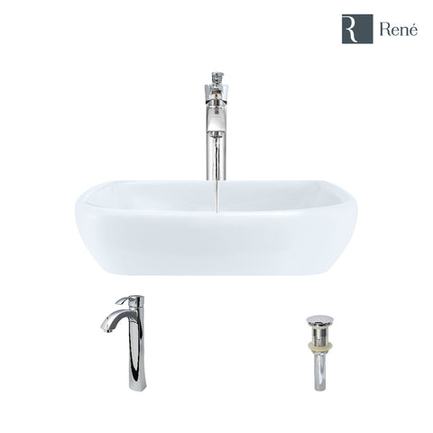 Rene 17" Round Porcelain Bathroom Sink, White, with Faucet, R2-5011-W-R9-7006-C