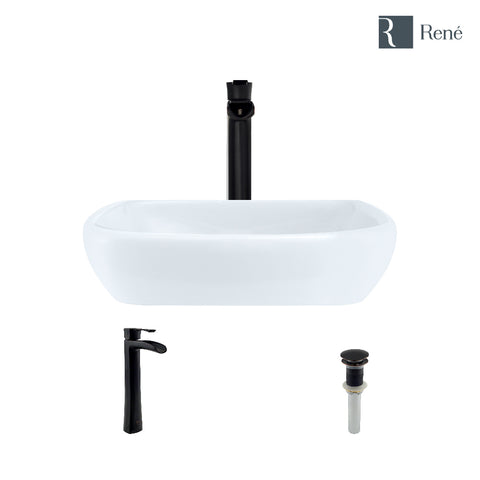 Rene 17" Round Porcelain Bathroom Sink, White, with Faucet, R2-5011-W-R9-7007-ABR