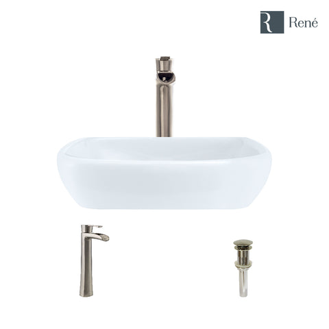 Rene 17" Round Porcelain Bathroom Sink, White, with Faucet, R2-5011-W-R9-7007-BN