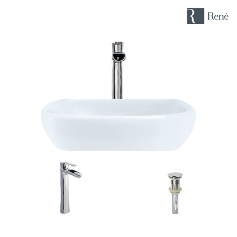 Rene 17" Round Porcelain Bathroom Sink, White, with Faucet, R2-5011-W-R9-7007-C