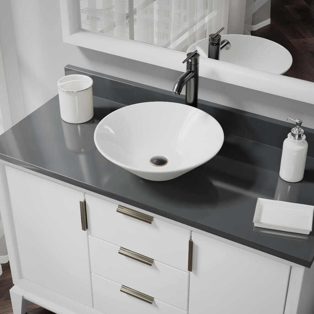 Rene 17" Round Porcelain Bathroom Sink, Biscuit, with Faucet, R2-5015-B-R9-7001-ABR - The Sink Boutique