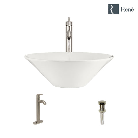 Rene 17" Round Porcelain Bathroom Sink, Biscuit, with Faucet, R2-5015-B-R9-7001-BN