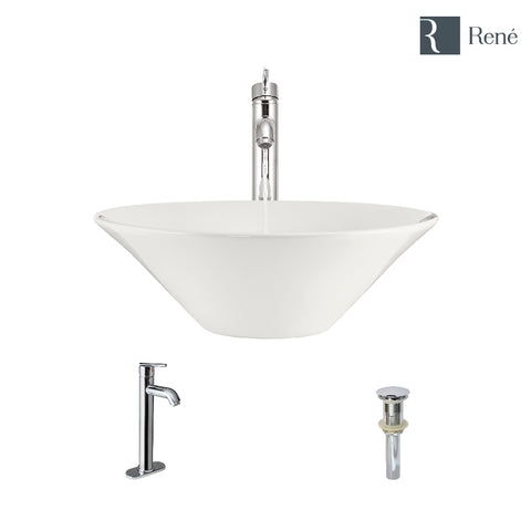 Rene 17" Round Porcelain Bathroom Sink, Biscuit, with Faucet, R2-5015-B-R9-7001-C