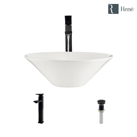 Rene 17" Round Porcelain Bathroom Sink, Biscuit, with Faucet, R2-5015-B-R9-7003-ABR