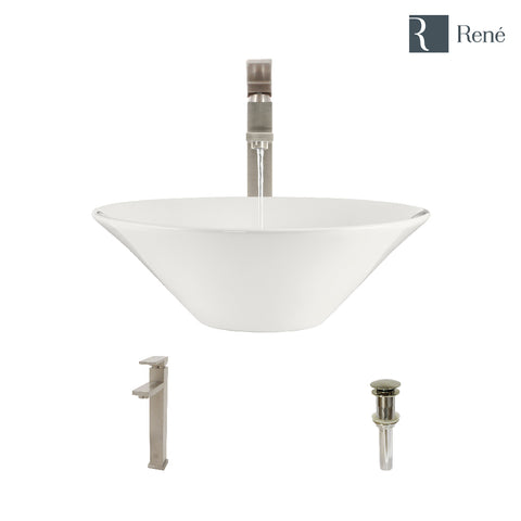 Rene 17" Round Porcelain Bathroom Sink, Biscuit, with Faucet, R2-5015-B-R9-7003-BN