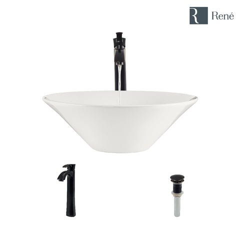 Rene 17" Round Porcelain Bathroom Sink, Biscuit, with Faucet, R2-5015-B-R9-7006-ABR