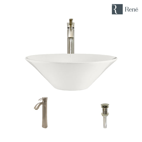 Rene 17" Round Porcelain Bathroom Sink, Biscuit, with Faucet, R2-5015-B-R9-7006-BN