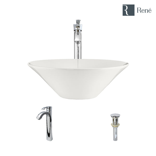 Rene 17" Round Porcelain Bathroom Sink, Biscuit, with Faucet, R2-5015-B-R9-7006-C