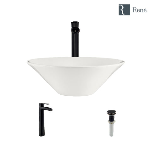 Rene 17" Round Porcelain Bathroom Sink, Biscuit, with Faucet, R2-5015-B-R9-7007-ABR