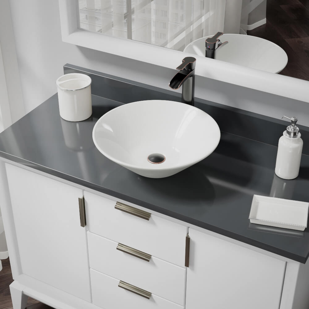 Rene 17" Round Porcelain Bathroom Sink, Biscuit, with Faucet, R2-5015-B-R9-7007-ABR - The Sink Boutique
