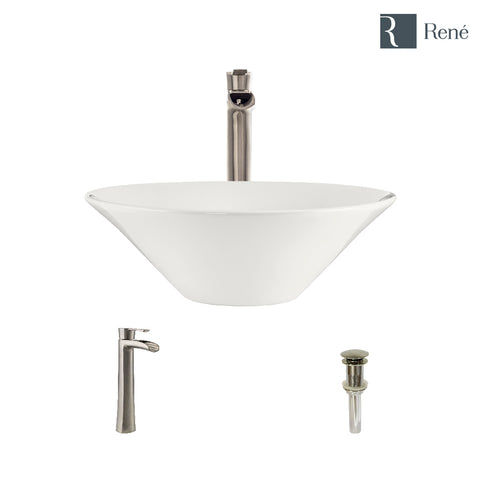 Rene 17" Round Porcelain Bathroom Sink, Biscuit, with Faucet, R2-5015-B-R9-7007-BN