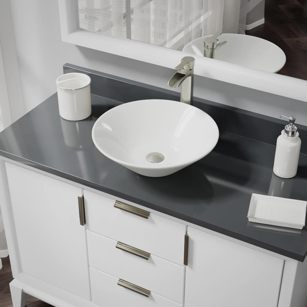 Alternate Image for Rene 17" Round Porcelain Bathroom Sink, Biscuit, with Faucet, R2-5015-B-R9-7007-BN