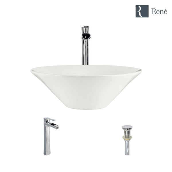 Rene 17" Round Porcelain Bathroom Sink, Biscuit, with Faucet, R2-5015-B-R9-7007-C