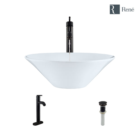 Rene 17" Round Porcelain Bathroom Sink, White, with Faucet, R2-5015-W-R9-7001-ABR