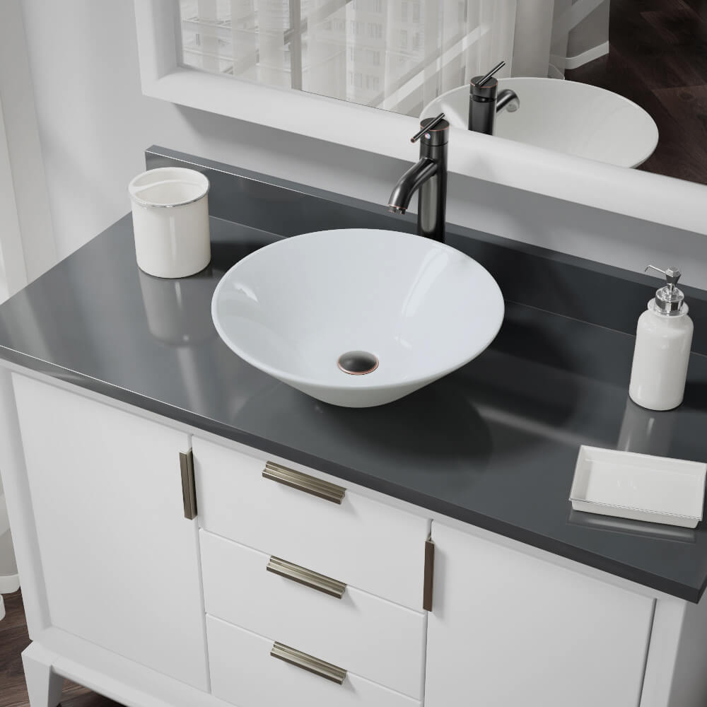 Rene 17" Round Porcelain Bathroom Sink, White, with Faucet, R2-5015-W-R9-7001-ABR - The Sink Boutique