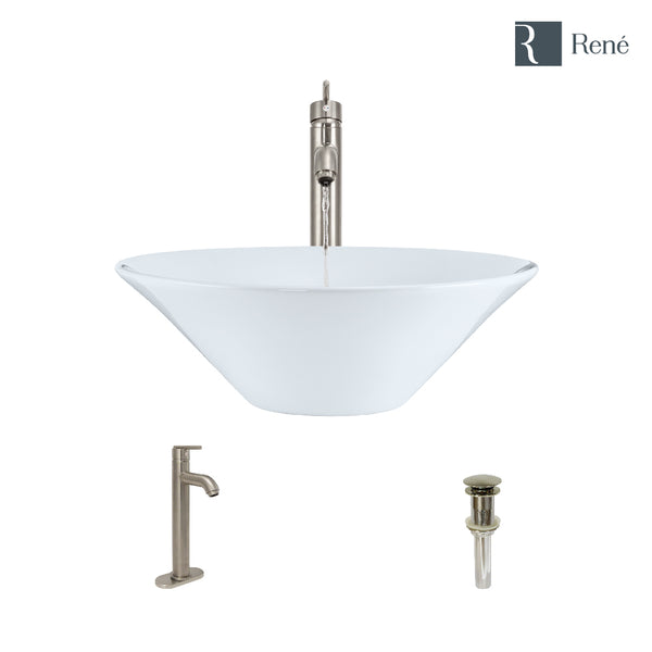 Rene 17" Round Porcelain Bathroom Sink, White, with Faucet, R2-5015-W-R9-7001-BN