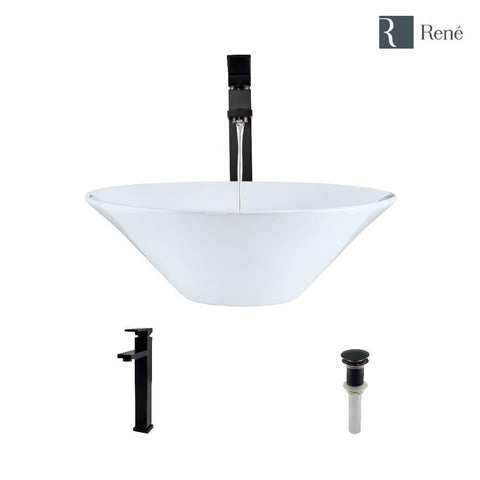 Rene 17" Round Porcelain Bathroom Sink, White, with Faucet, R2-5015-W-R9-7003-ABR