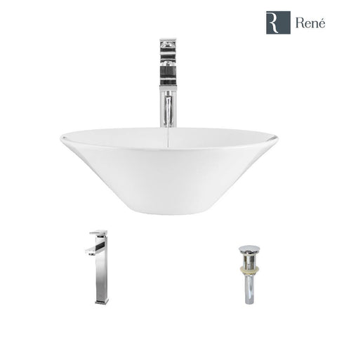 Rene 17" Round Porcelain Bathroom Sink, White, with Faucet, R2-5015-W-R9-7003-C