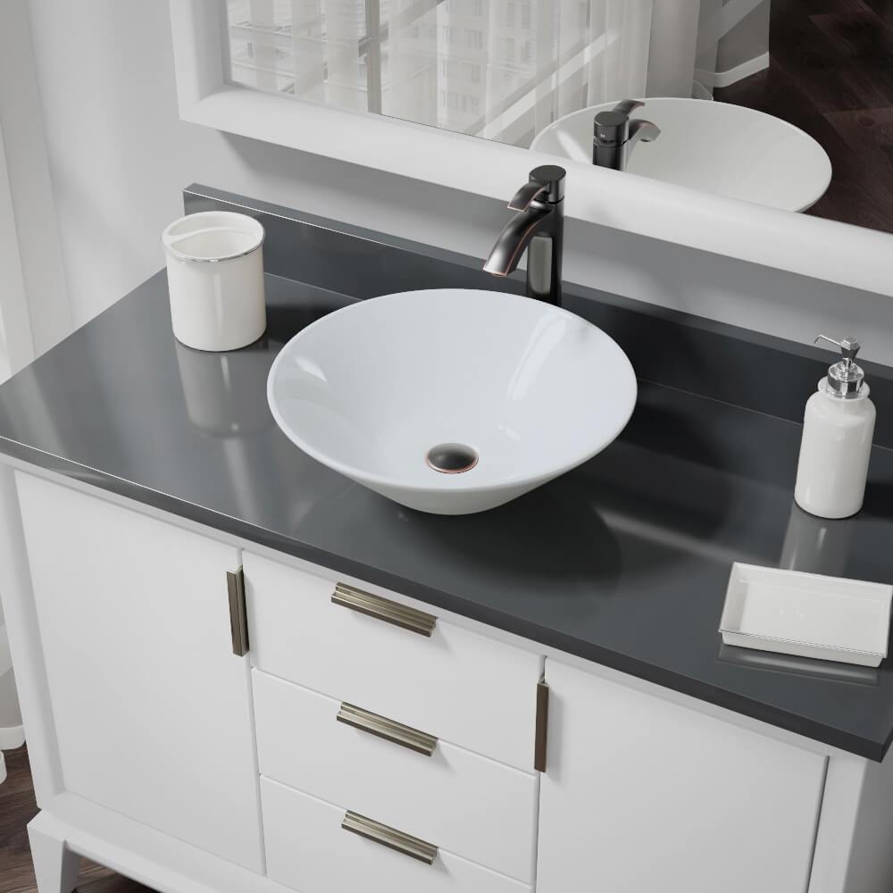 Rene 17" Round Porcelain Bathroom Sink, White, with Faucet, R2-5015-W-R9-7006-ABR - The Sink Boutique