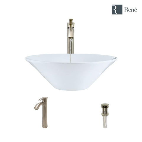 Rene 17" Round Porcelain Bathroom Sink, White, with Faucet, R2-5015-W-R9-7006-BN