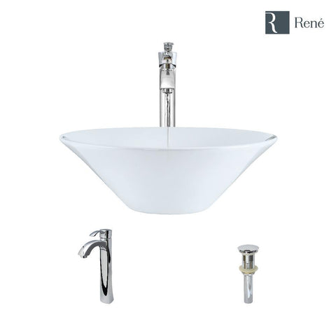 Rene 17" Round Porcelain Bathroom Sink, White, with Faucet, R2-5015-W-R9-7006-C