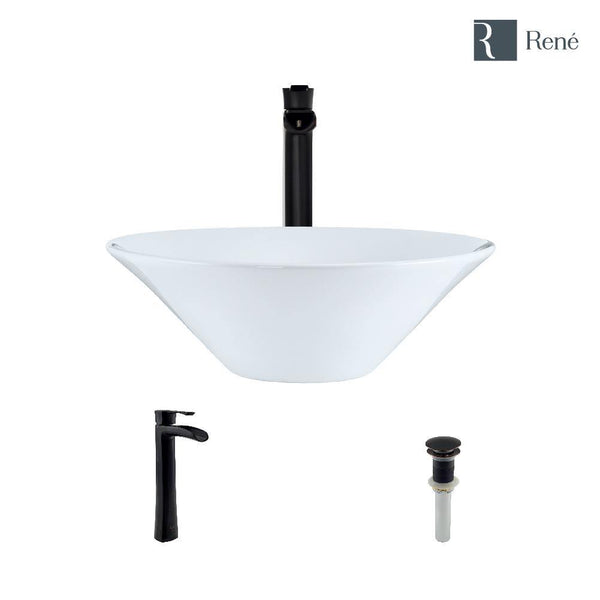 Rene 17" Round Porcelain Bathroom Sink, White, with Faucet, R2-5015-W-R9-7007-ABR