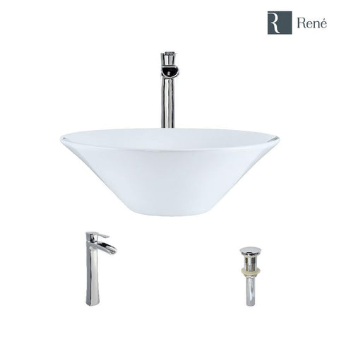 Rene 17" Round Porcelain Bathroom Sink, White, with Faucet, R2-5015-W-R9-7007-C