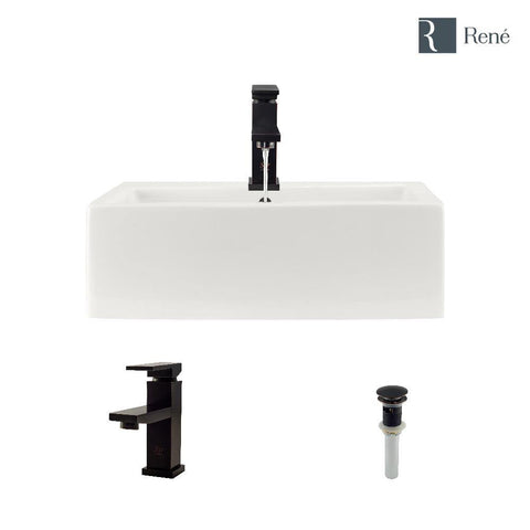Rene 21" Rectangle Porcelain Bathroom Sink, Biscuit, with Faucet, R2-5018-B-R9-7002-ABR