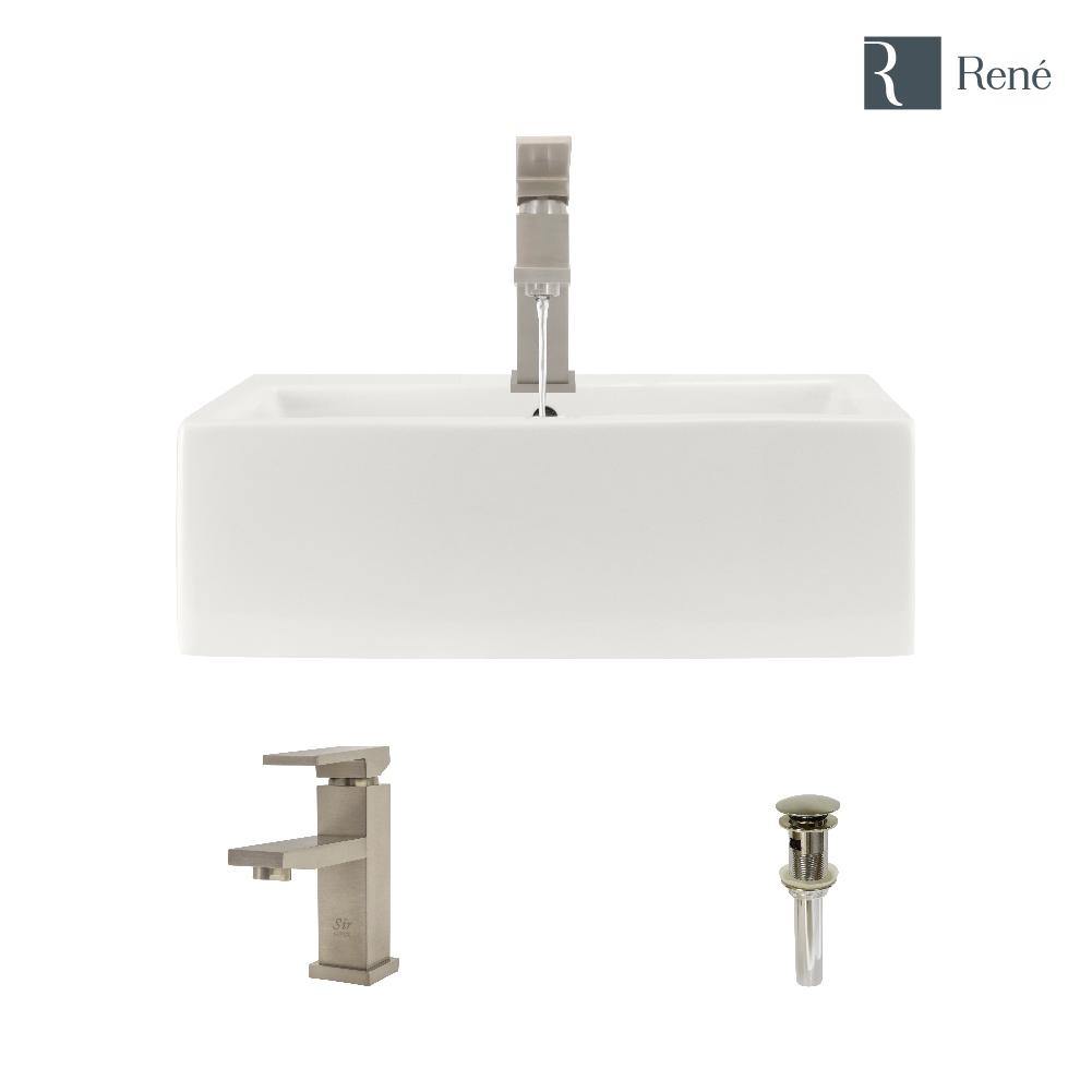 Porcelain Vessel Sink in White with 7002 Faucet and Pop-Up Drain in Brushed Nickel