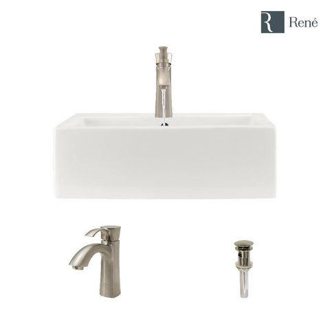 Rene 21" Rectangle Porcelain Bathroom Sink, Biscuit, with Faucet, R2-5018-B-R9-7005-BN