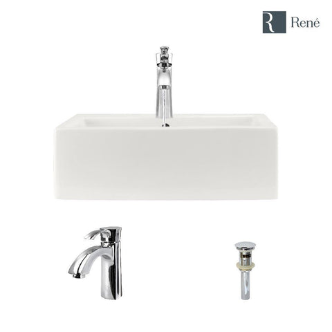 Rene 21" Rectangle Porcelain Bathroom Sink, Biscuit, with Faucet, R2-5018-B-R9-7005-C