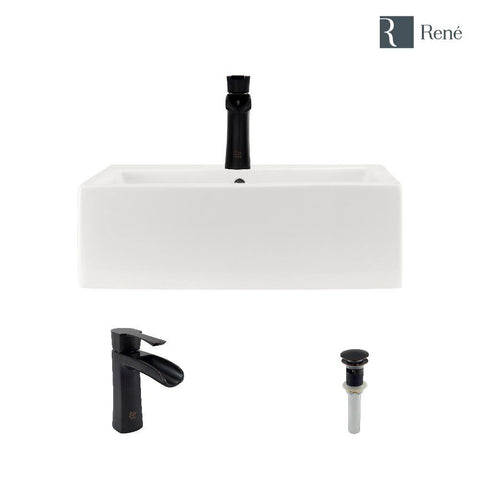 Rene 21" Rectangle Porcelain Bathroom Sink, Biscuit, with Faucet, R2-5018-B-R9-7008-ABR