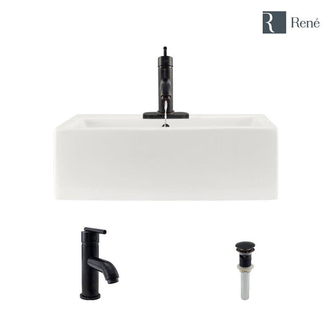 Rene 21" Rectangle Porcelain Bathroom Sink, Biscuit, with Faucet, R2-5018-B-R9-7009-ABR