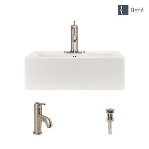Rene 21" Rectangle Porcelain Bathroom Sink, Biscuit, with Faucet, R2-5018-B-R9-7009-BN