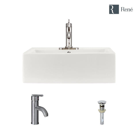 Rene 21" Rectangle Porcelain Bathroom Sink, Biscuit, with Faucet, R2-5018-B-R9-7009-C