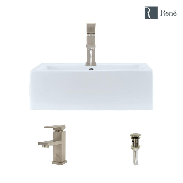 Rene 21" Rectangle Porcelain Bathroom Sink, White, with Faucet, R2-5018-W-R9-7002-BN