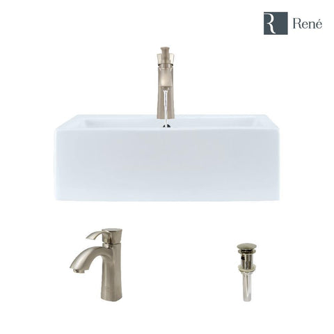 Rene 21" Rectangle Porcelain Bathroom Sink, White, with Faucet, R2-5018-W-R9-7005-BN