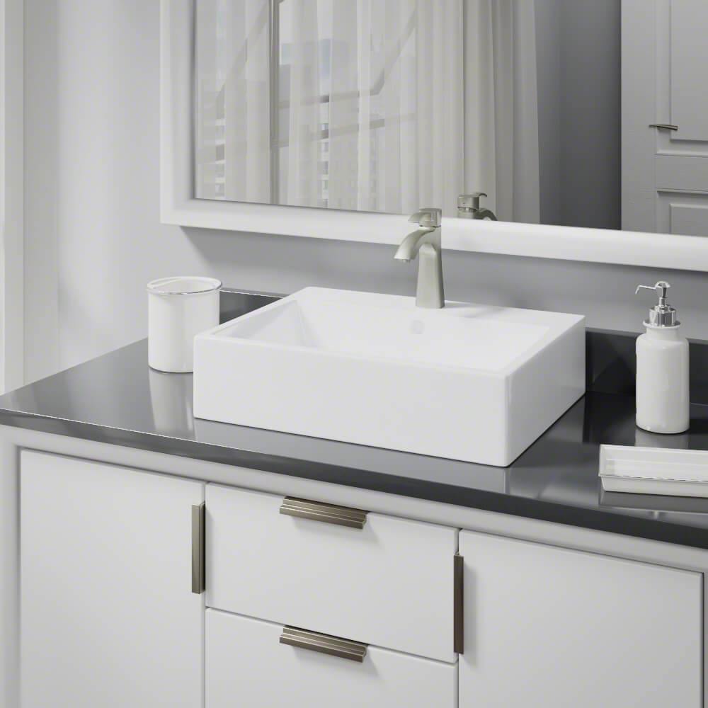 Rene 21" Rectangle Porcelain Bathroom Sink, White, with Faucet, R2-5018-W-R9-7005-BN - The Sink Boutique