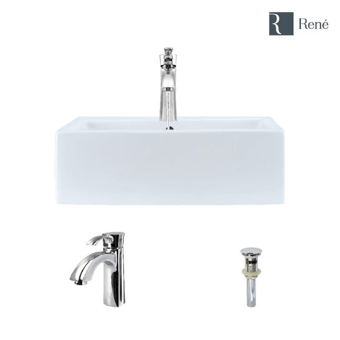 Rene 21" Rectangle Porcelain Bathroom Sink, White, with Faucet, R2-5018-W-R9-7005-C