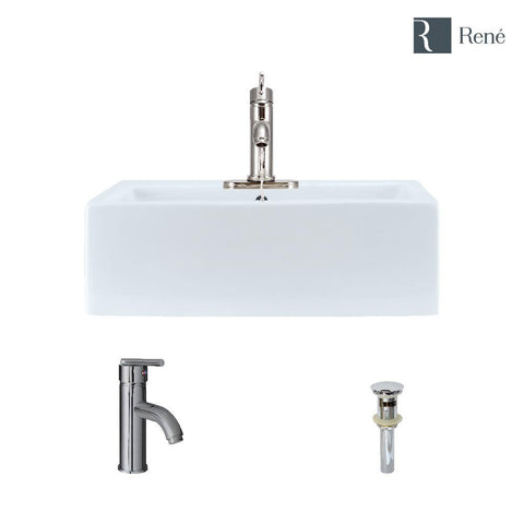 Rene 21" Rectangle Porcelain Bathroom Sink, White, with Faucet, R2-5018-W-R9-7009-C