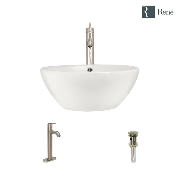 Rene 16" Round Porcelain Bathroom Sink, Biscuit, with Faucet, R2-5031-B-R9-7001-BN