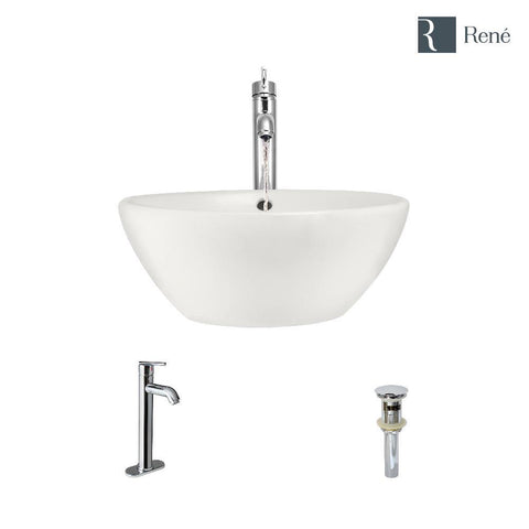 Rene 16" Round Porcelain Bathroom Sink, Biscuit, with Faucet, R2-5031-B-R9-7001-C